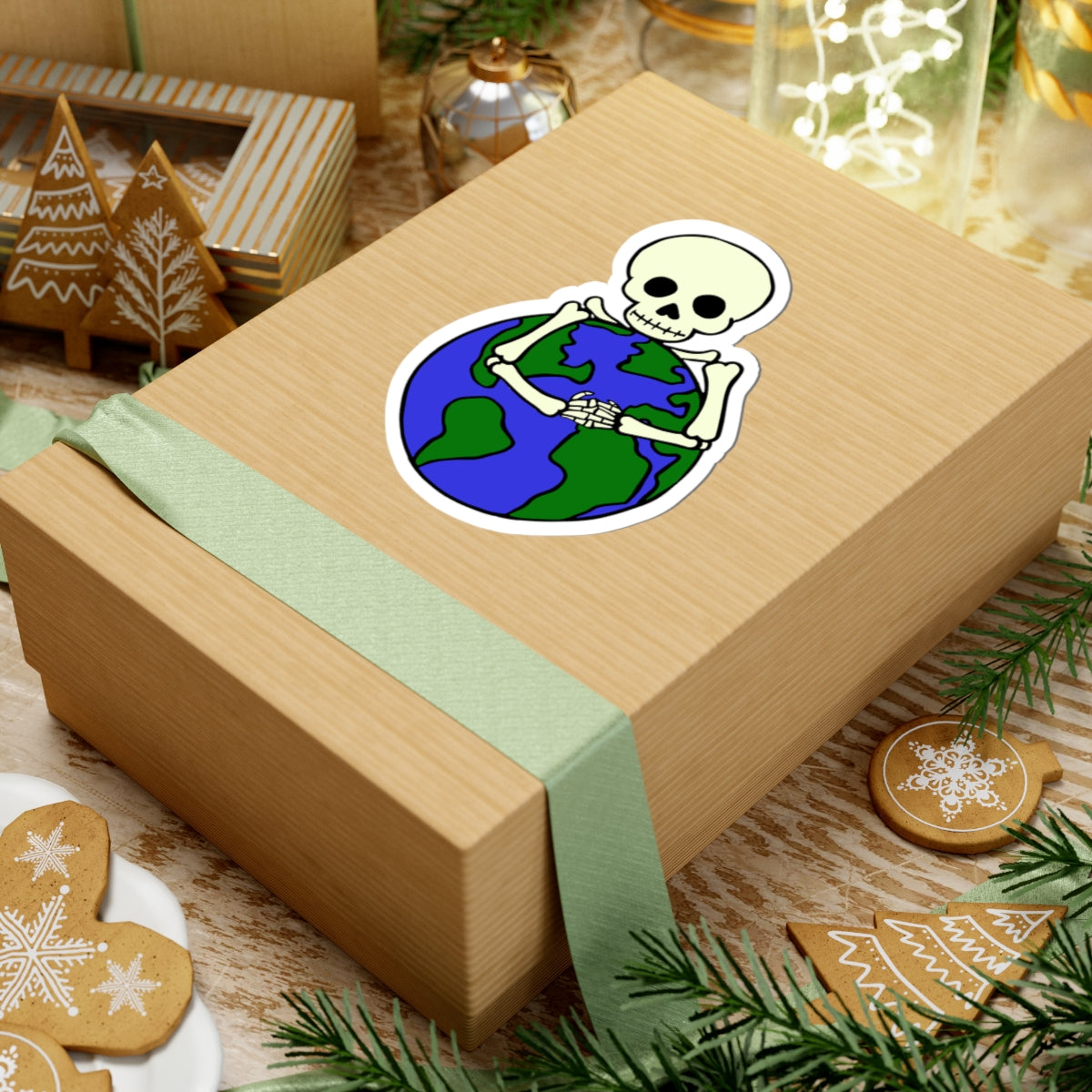 Skeleton Hugging Earth Kiss-Cut Stickers